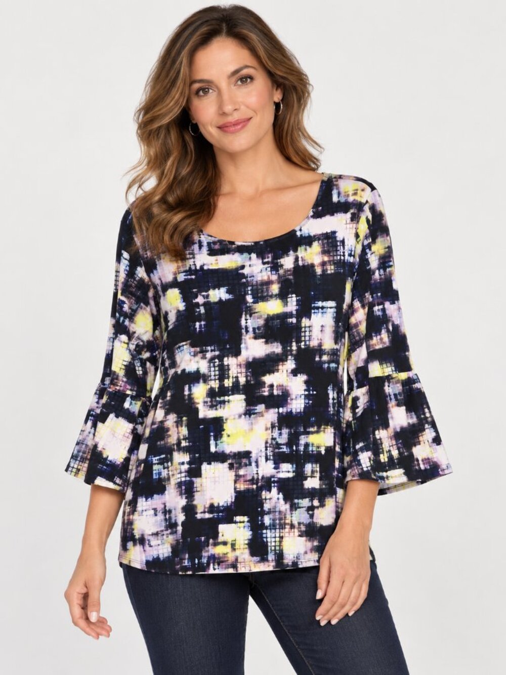 Ellen Tracy Women’s XL Abstract Print Bell Sleeve Stretch Tunic Top Navy Yellow